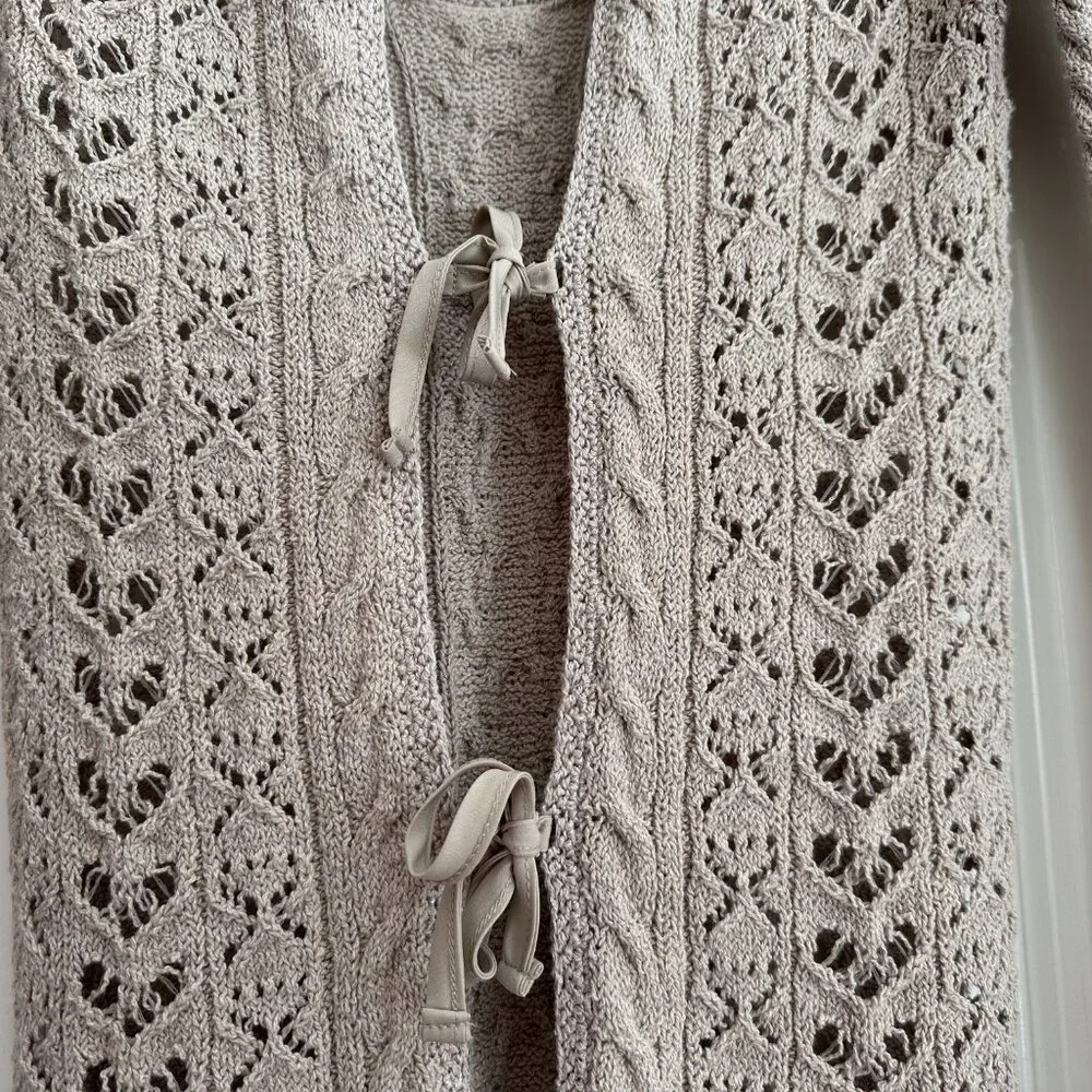 Free People Boho Crochet Tie Open Back S Top Stone Beige Tan Long Sleeves EUC - Picture 10 of 13
